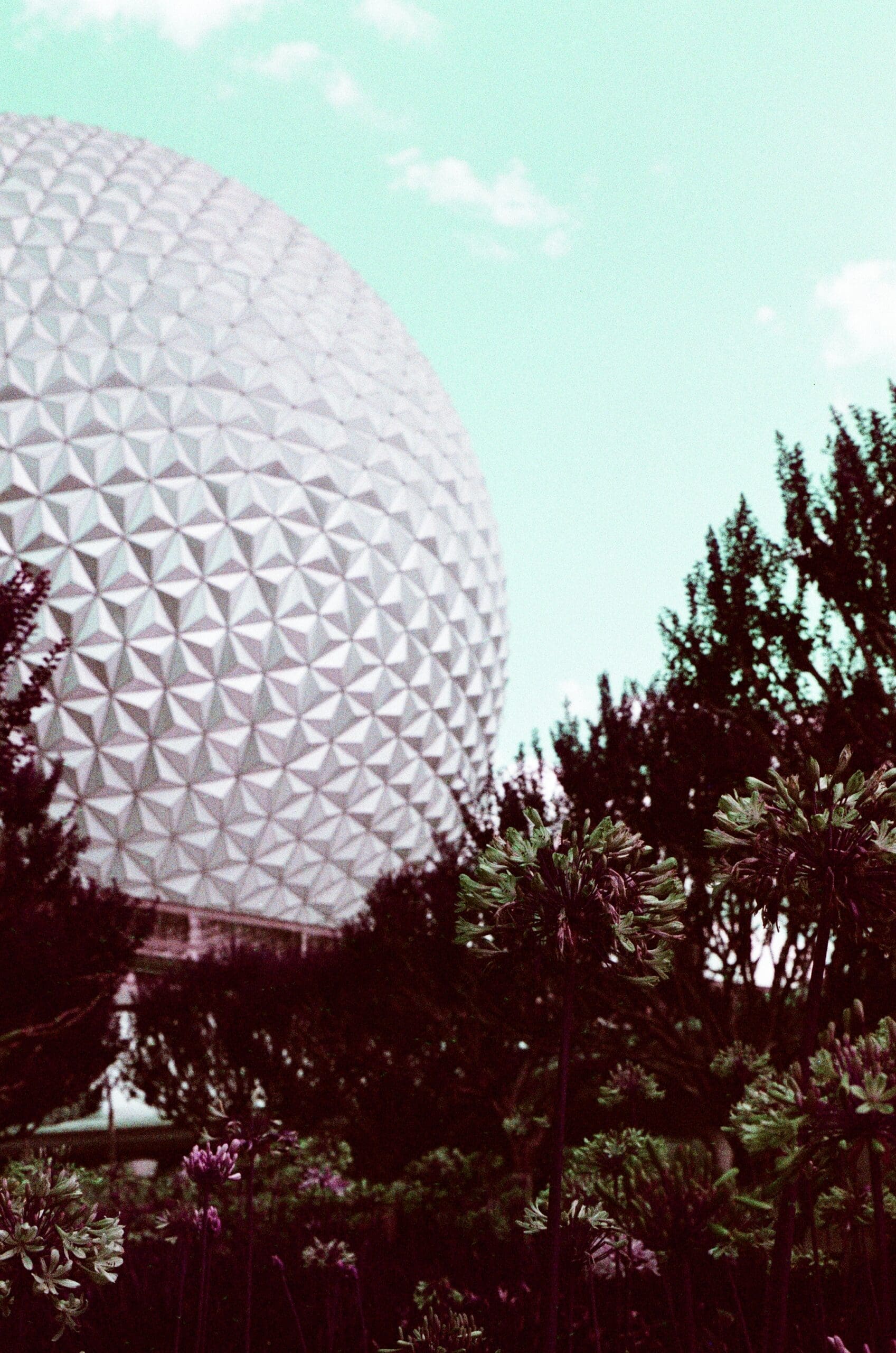 Spaceship Earth geodesic dome seen through festival garden flowers and dark purple trees, Epcot LomoChrome Purple
